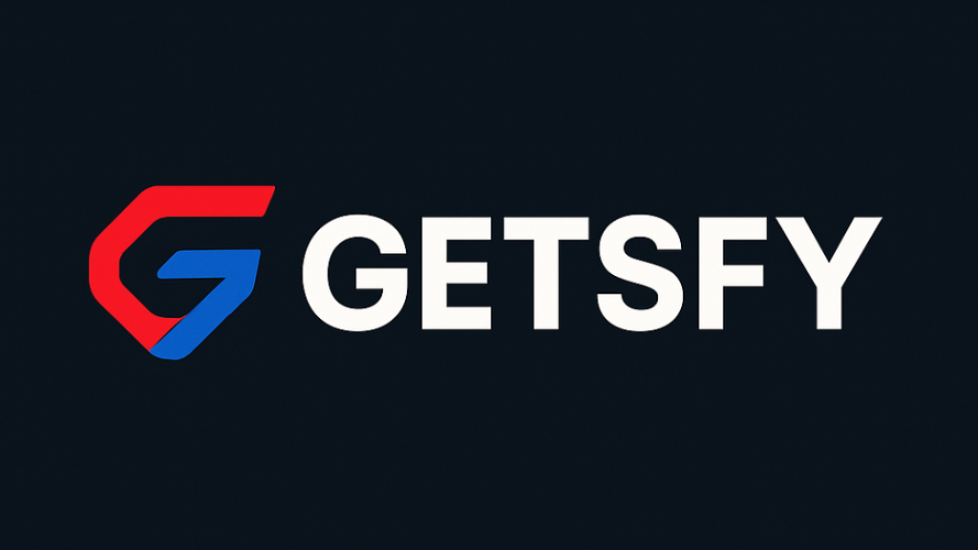 GETSFY logo with a red and blue 'G' on a black background